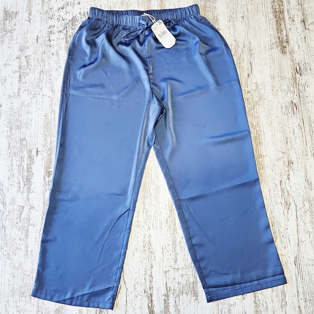 Mango MNG Satin Womens Pants Size Large Wide Leg Blue NEW Elastic Waist Pull On